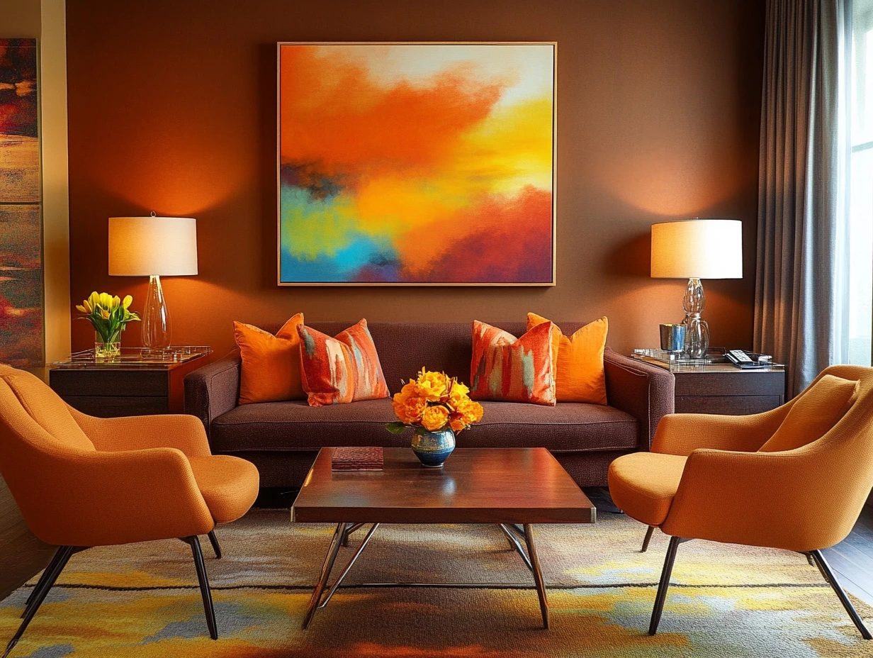 Warm living room with brown and orange color scheme.